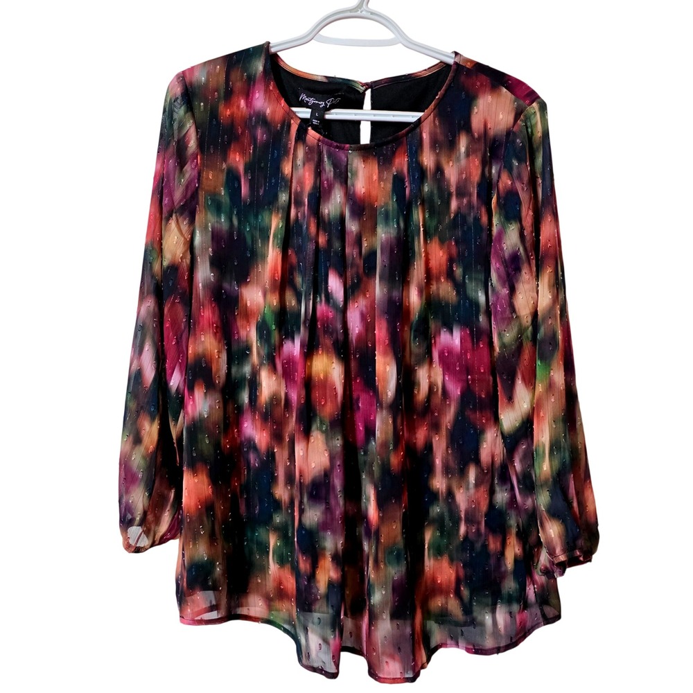 Montgomery Post NWT Large Patsy Pleated Blouse Black Multi Metallic Stitchfix